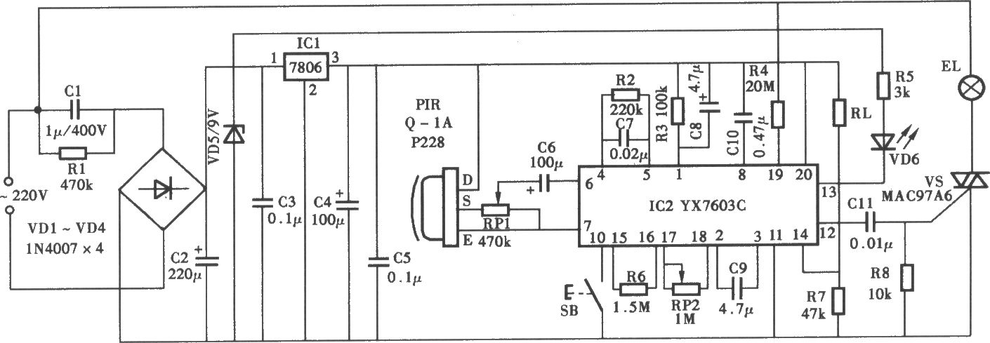 采用YX7603C热释电红外控制照明灯电路