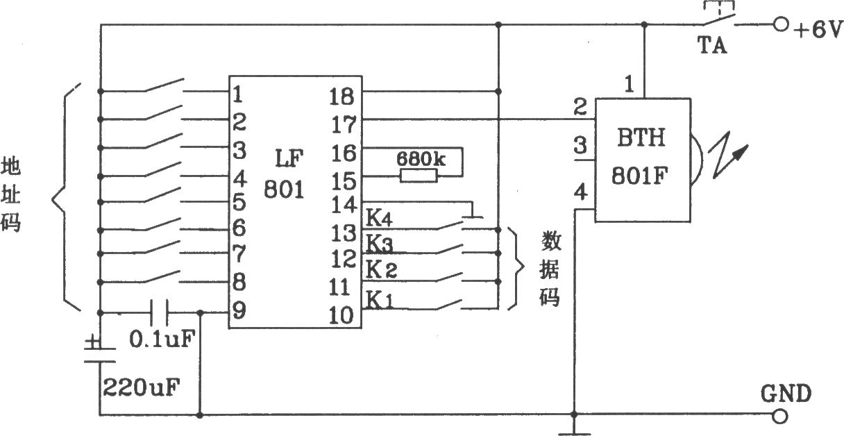 由BTH-801F/801J红外遥控发射、接收模块构成的发射、接收电路