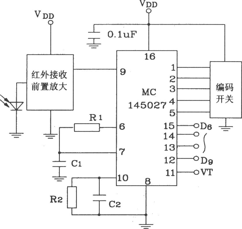 MC145026/145027构成红外发射、接收电路图