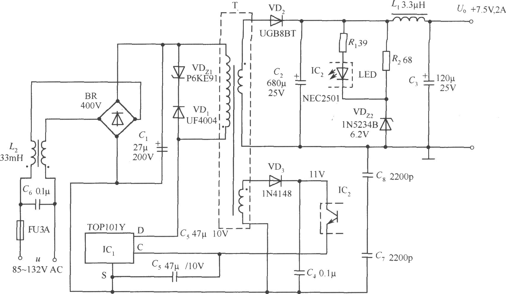 TOP101Y构成的 7.5V、2A输出的开关直流稳压电源电路