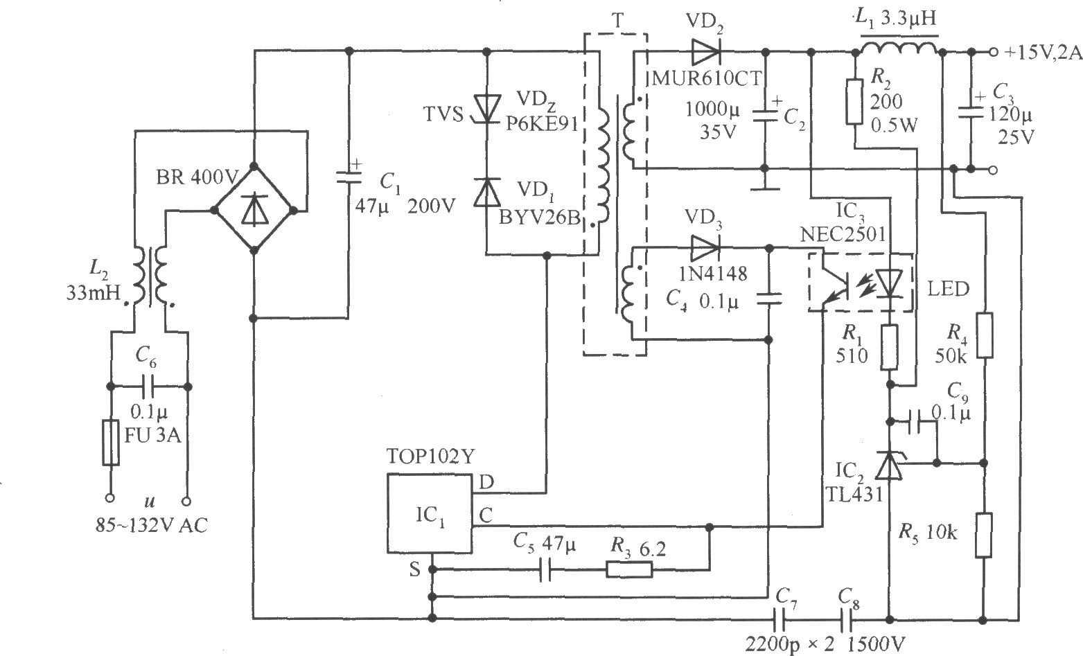 TOP102Y构成的 15V、2A开关直流稳压电源电路