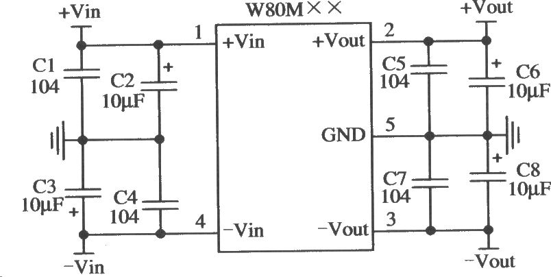 五端固定输出正负双集成稳压器LW80M××的典型应用电路