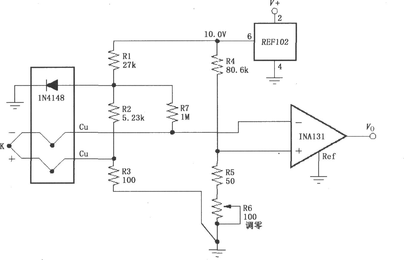 由INA131构成的有冷端补偿的热电偶放大器
