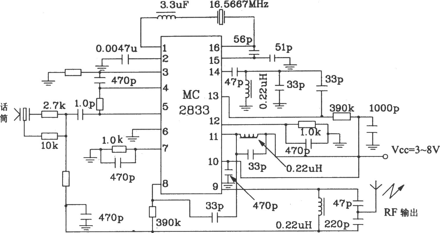 由MC2833构成的无线电发射典型应用电路图