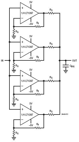 采用全部 4 个放大器 (LT1397) 来驱动大电容性负载
