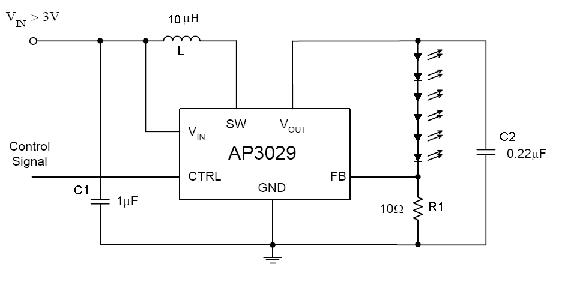 AP3029驱动串联6颗WLED的典型应用图