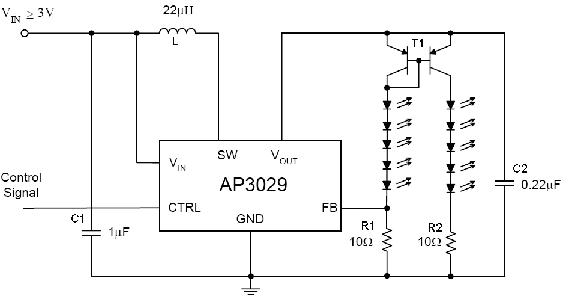 AP3029 驱动并联10颗WLED的典型应用图