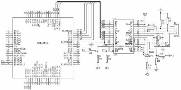 MSP430F149与PDIUSBD12接口电路图