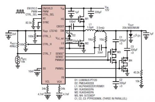 采用开关输出电容器的 24V/20A LED 驱动器