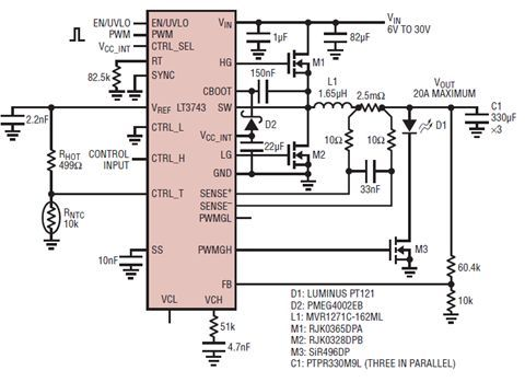 采用转换负极 PWM 调光的 6V 至 30V、20A LED 驱动器