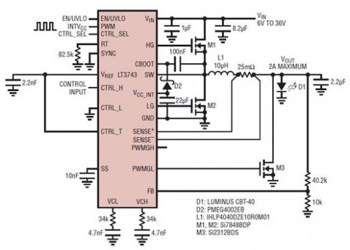 具电流受限并联输出的 6V 至 36V 输入、2A LED 驱动器