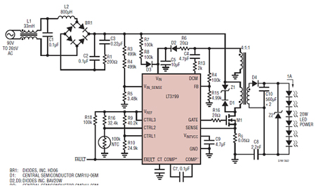 采用了 LT3799 并具 PFC 和 TRIAC 调光的通用输入、隔离型反激式 LED 控制器电路