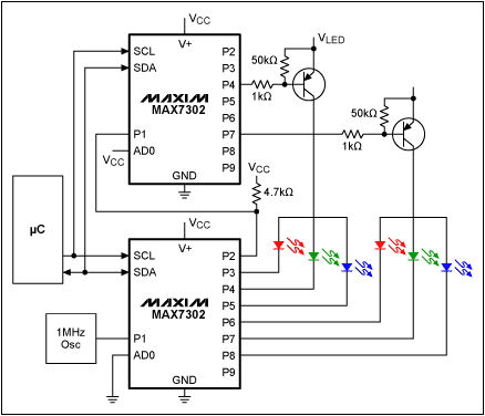 图4. 利用两片MAX7302实现PWM亮度分层控制