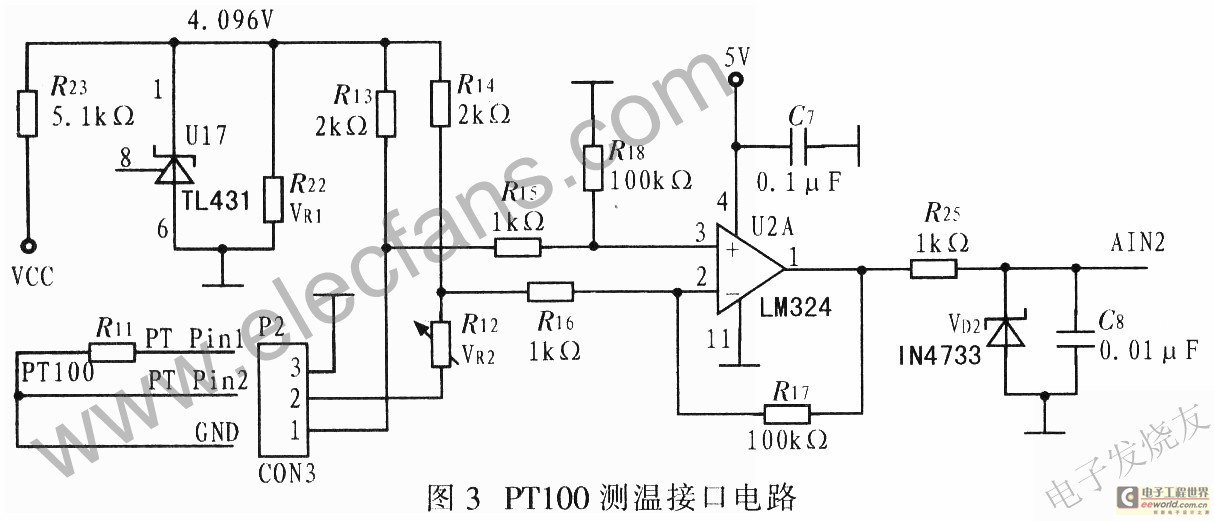 铂电阻PT100温度信号测温电路 www.elecfans.com