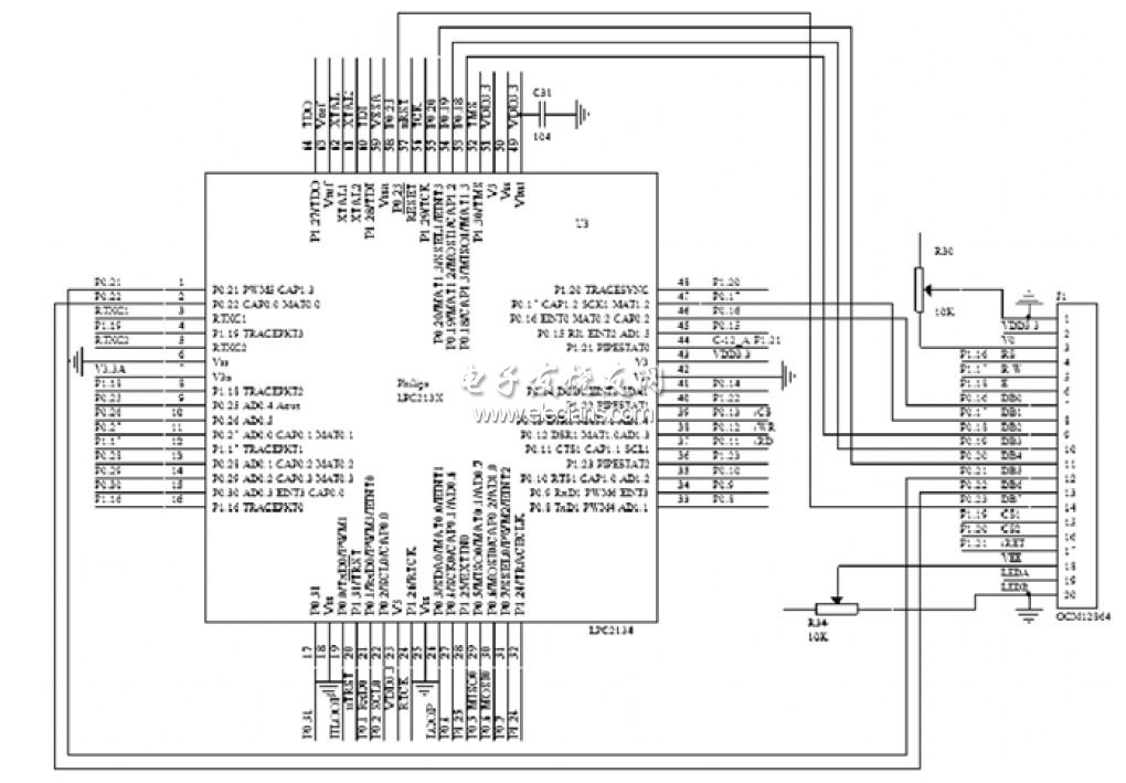 LPC2134与OCM12864接口电路图