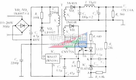 WS157构成的+12V/0.5A单片开关稳压电源电路图WS157 power supply