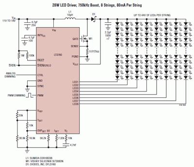 采用 LT3760、效率为 90% 的 28W LED 背光照明电路