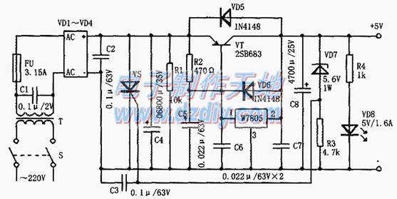 带保护功能的5V稳压电源电路图High-current power supply