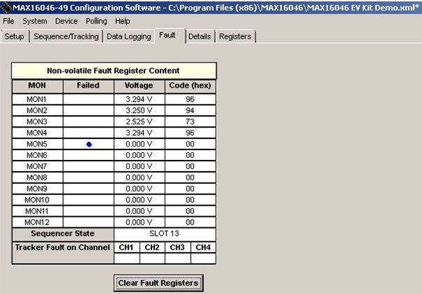 图 4. MAX16046EVKIT故障表，GUI显示了MON5故障条件在EEPROM内部的记录。